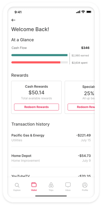 Example of phone app showing financial transactions, with Airbnb branding